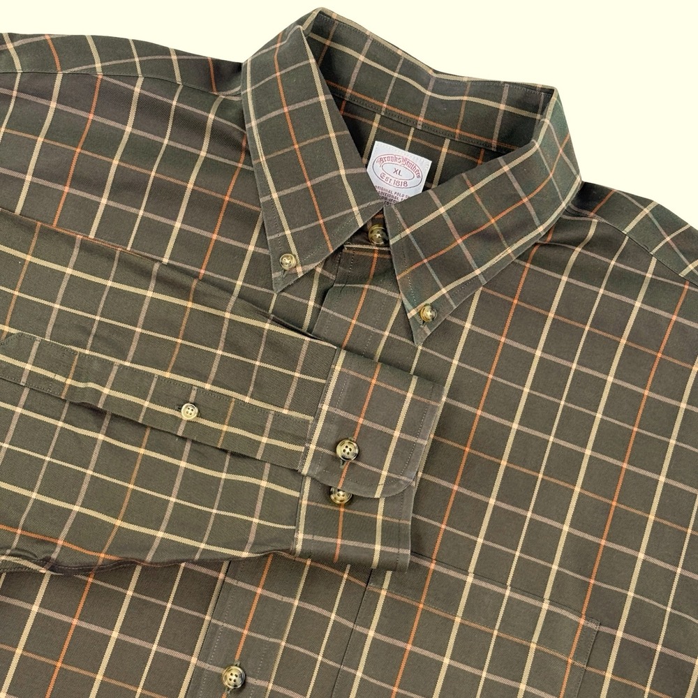 Brooks Brothers Traditional Fit Brown Button Down Shirt Plaid Non Iron Mens XL